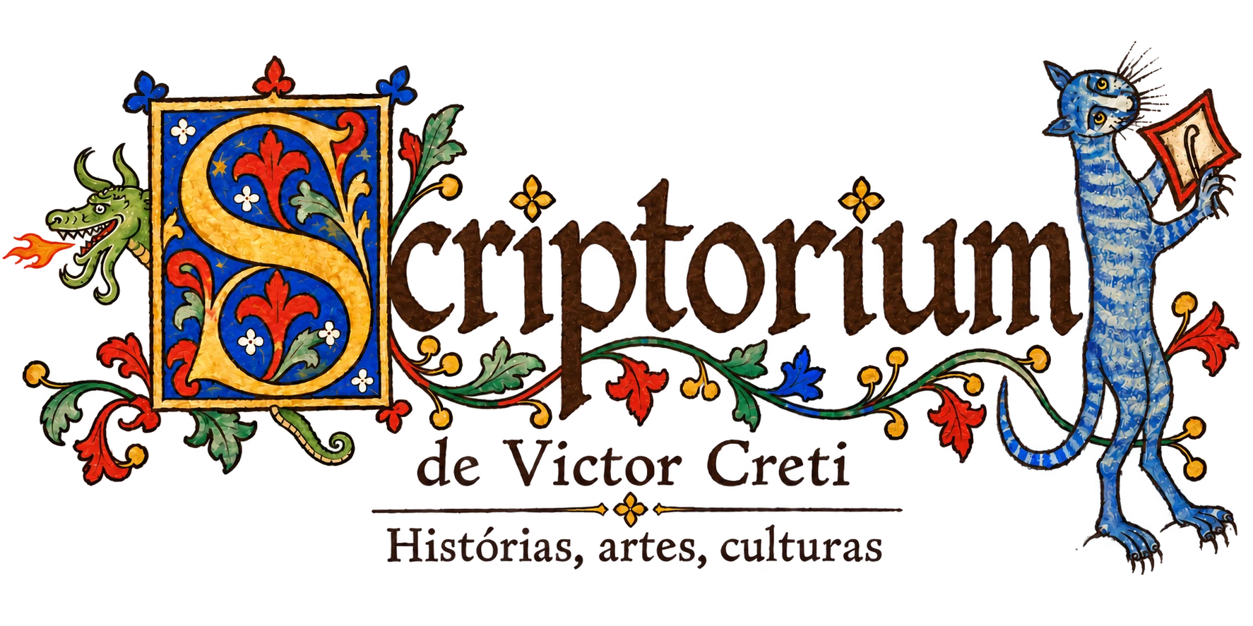 Scriptorium de Victor Creti — Histórias, artes, culturas. Capitular iluminada, dragão verde e gato azul.
